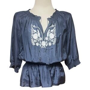 Eduardo Blanco 100% Silk Peasant Top Blue White Floral Embroidery XS
